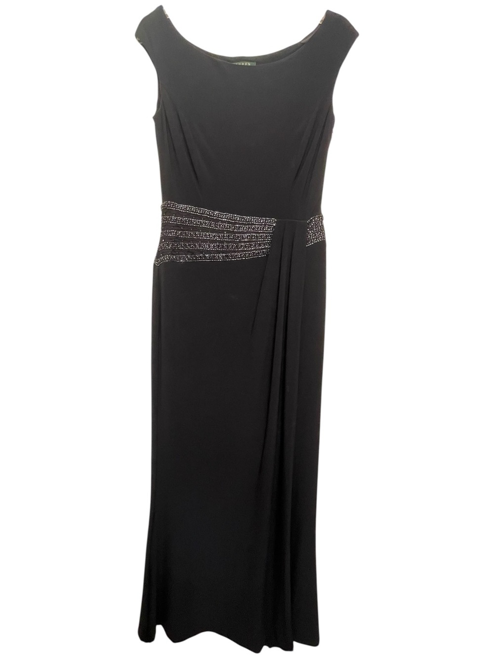 RALPH LAUREN EVENING women's Navy maxi evening dress faux wrap Beaded Waist Sz 4